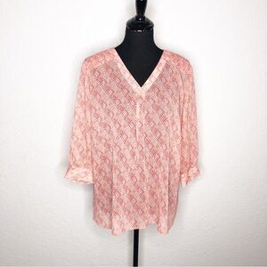 Talbots coral orange white geometric print sheer v neck top size X or XL